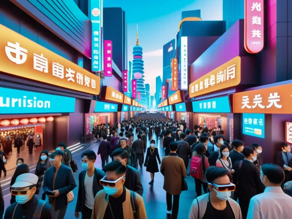 Multicultural ciudad asiática futurista con gafas de realidad aumentada cyberpunk, integrando tecnología y tradición