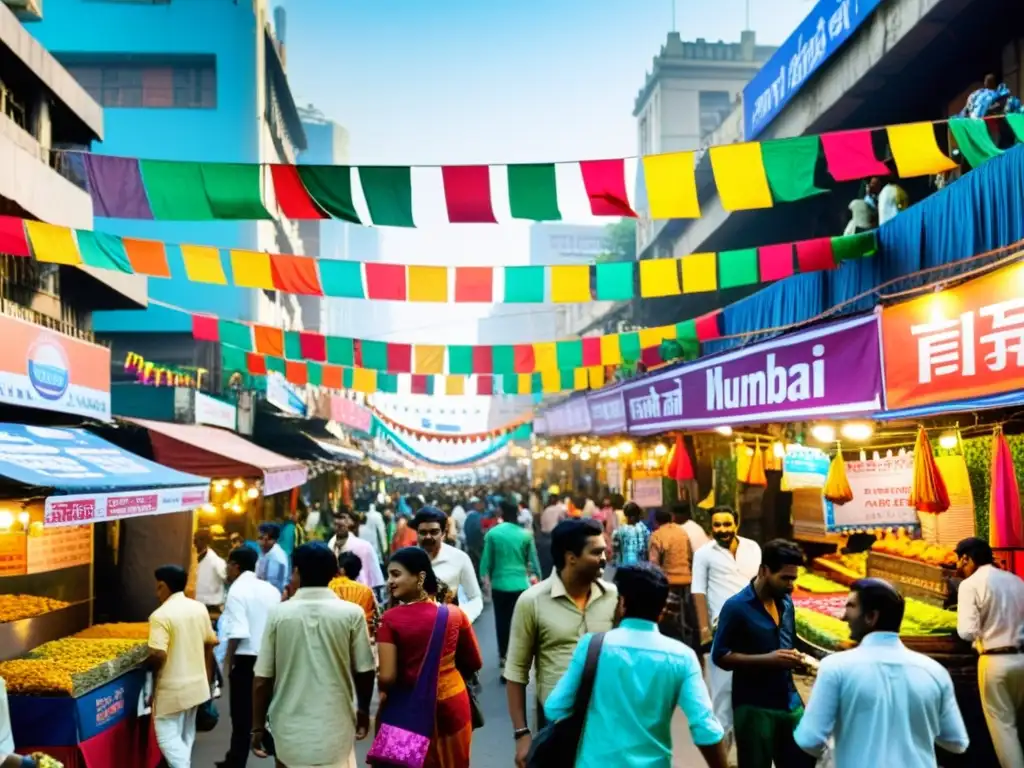 Multitud animada en festival de cine en India, con coloridos carteles y vendedores callejeros, reflejando la energía festiva