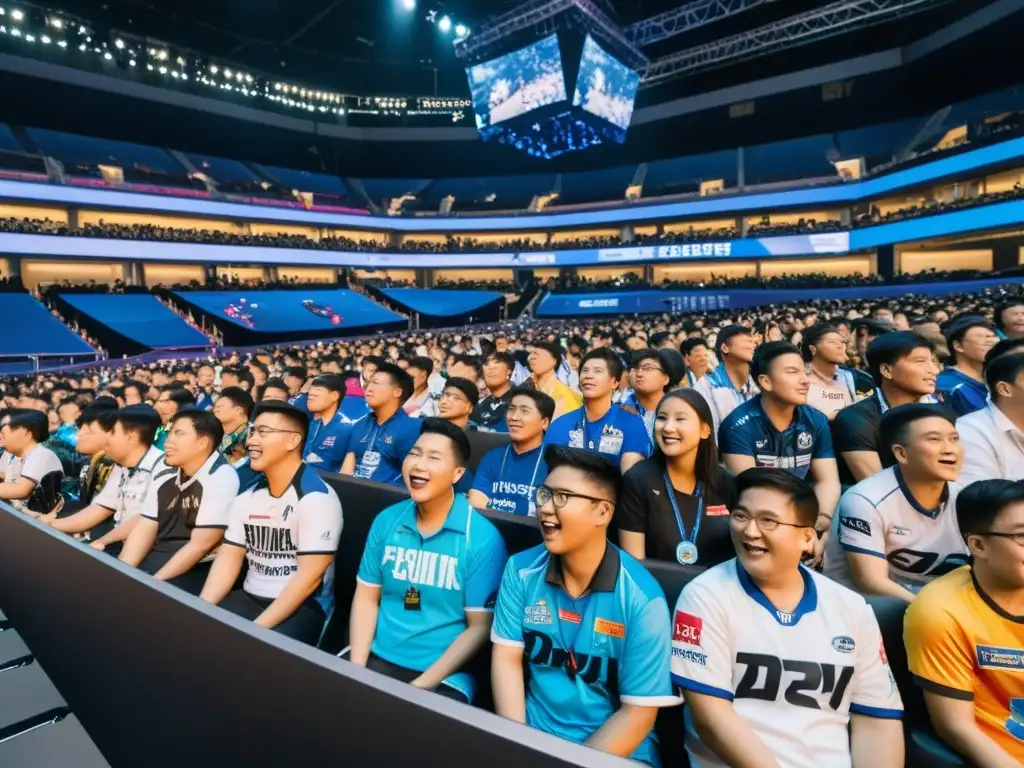 Multitud apasionada en arena de eSports asiáticos, con fans de todas las edades y expresiones variadas