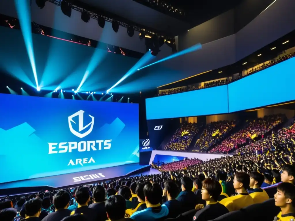 Multitud apasionada en arena de esports en Seúl, con fans animando a jugadores de League of Legends, creando un impacto cultural en Asia