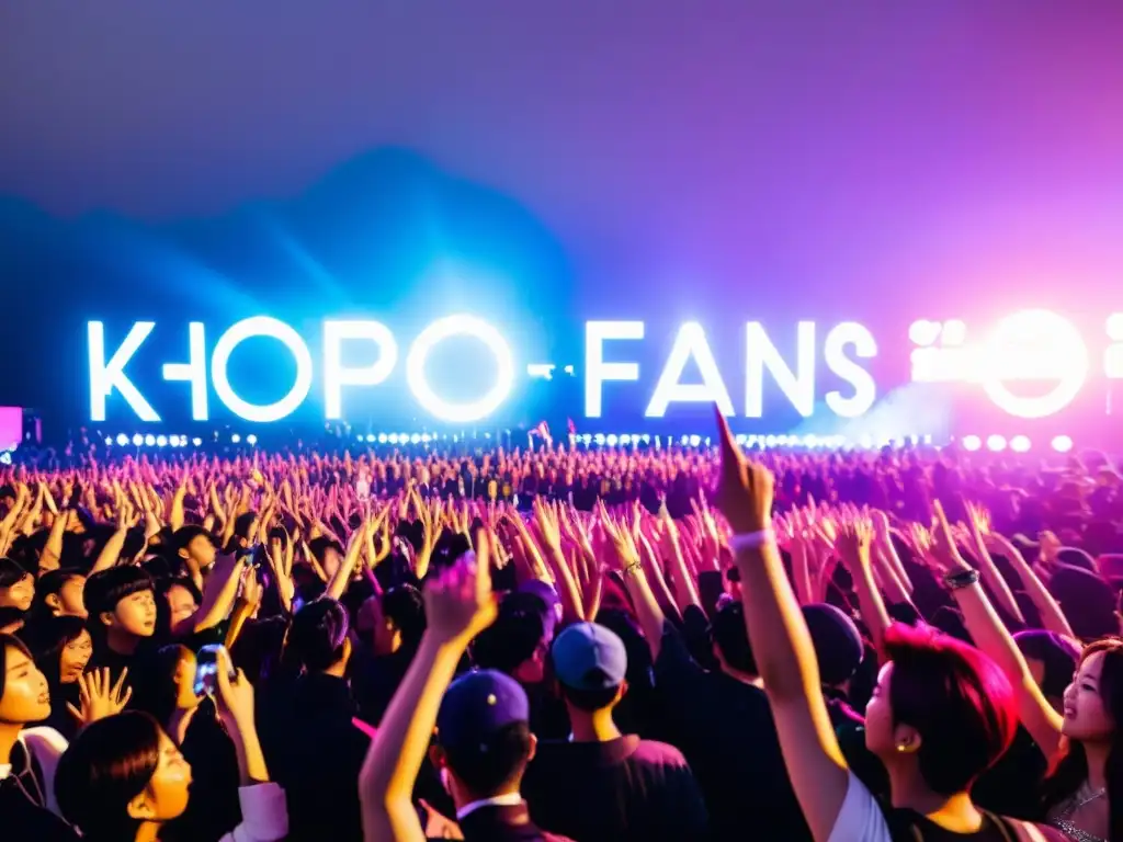 Multitud apasionada de fans de Kpop agitando light sticks en un rally político con actuación en vivo, mostrando el impacto del Kpop en política