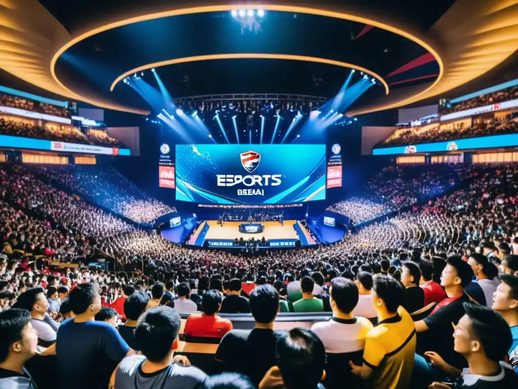 Una multitud apasionada llena de emoción en un bullicioso estadio de eSports en Asia, capturando la psicología del espectador en eSports asiáticos