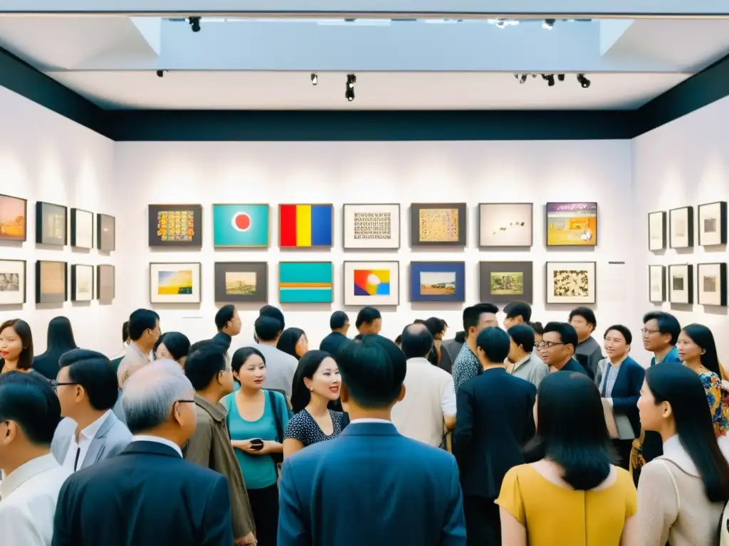 Multitud en exposición de arte contemporáneo asiático, reflejando diversidad y revolución visual