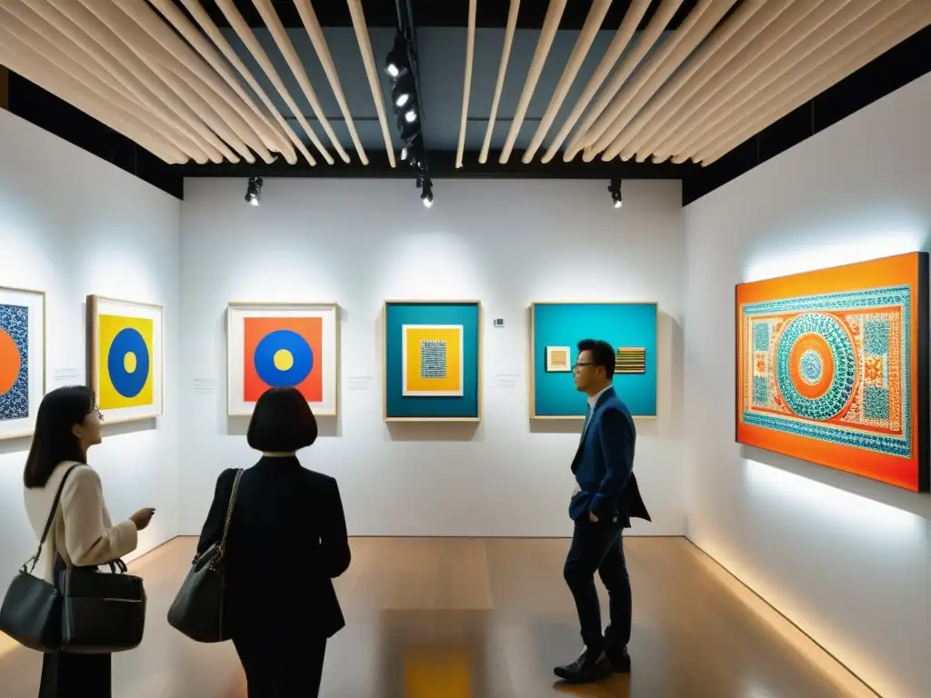 Multitud admirando arte coreano contemporáneo en galería de Seúl, fusionando tradición y modernidad con instalación impactante y colorida