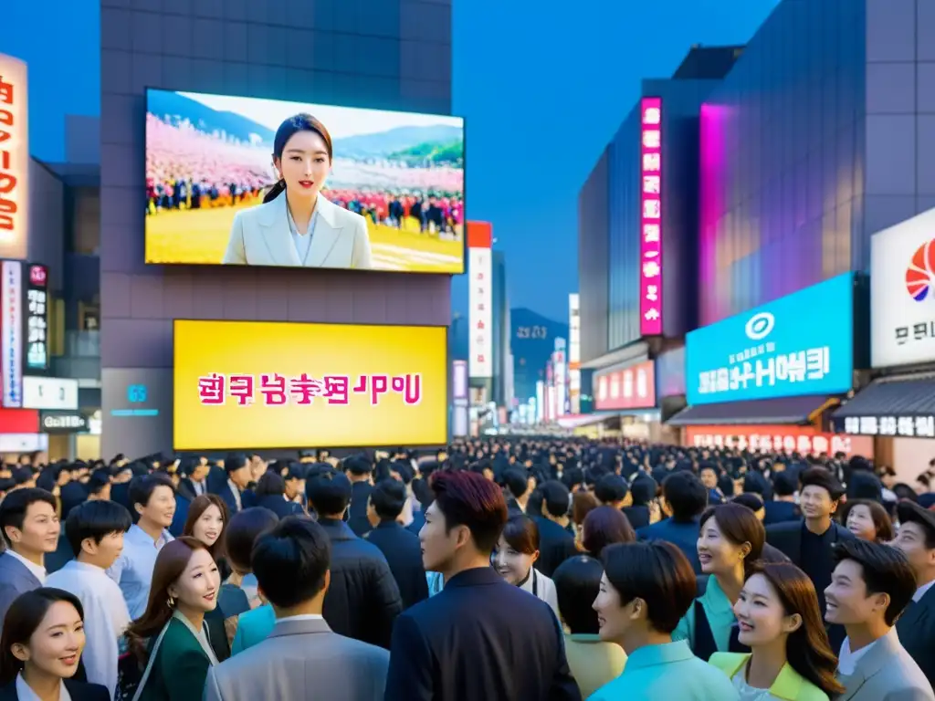 Multitud en la calle de Seúl, observando emocionada escena de Kdrama en pantalla gigante, reflejando el crecimiento exponencial del Kdrama