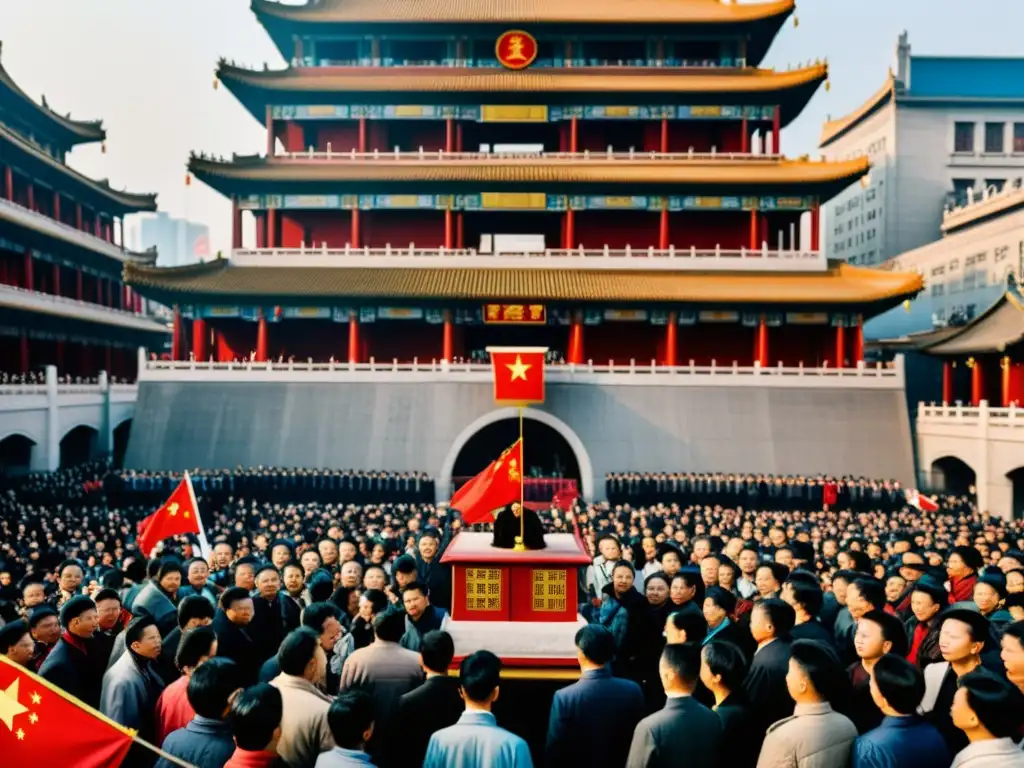 Multitud en la calle durante la Revolución Xinhai y dinastías chinas, con atuendos tradicionales y modernos, escuchando al orador en una plataforma improvisada