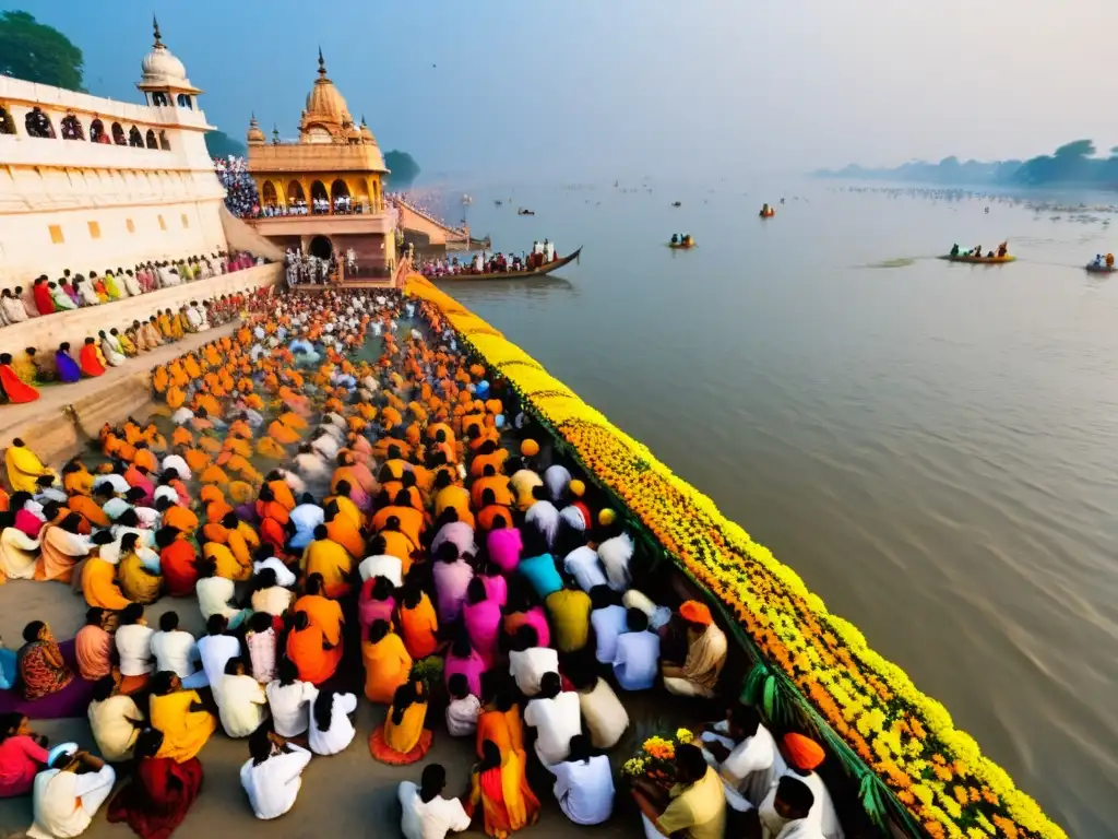 Multitud en celebraciones espirituales ancestrales a orillas del Ganges en India, vibrante y emotivo Kumbh Mela