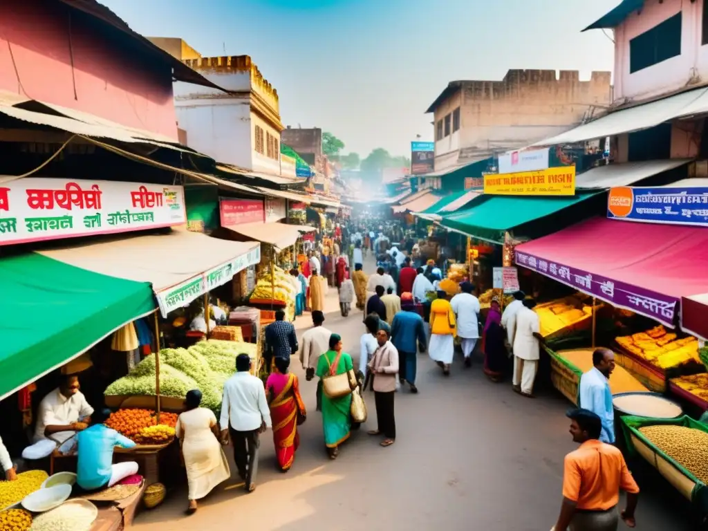 Multitud de colores y lenguas en un bullicioso mercado indio, reflejando la importancia del multilingüismo en India