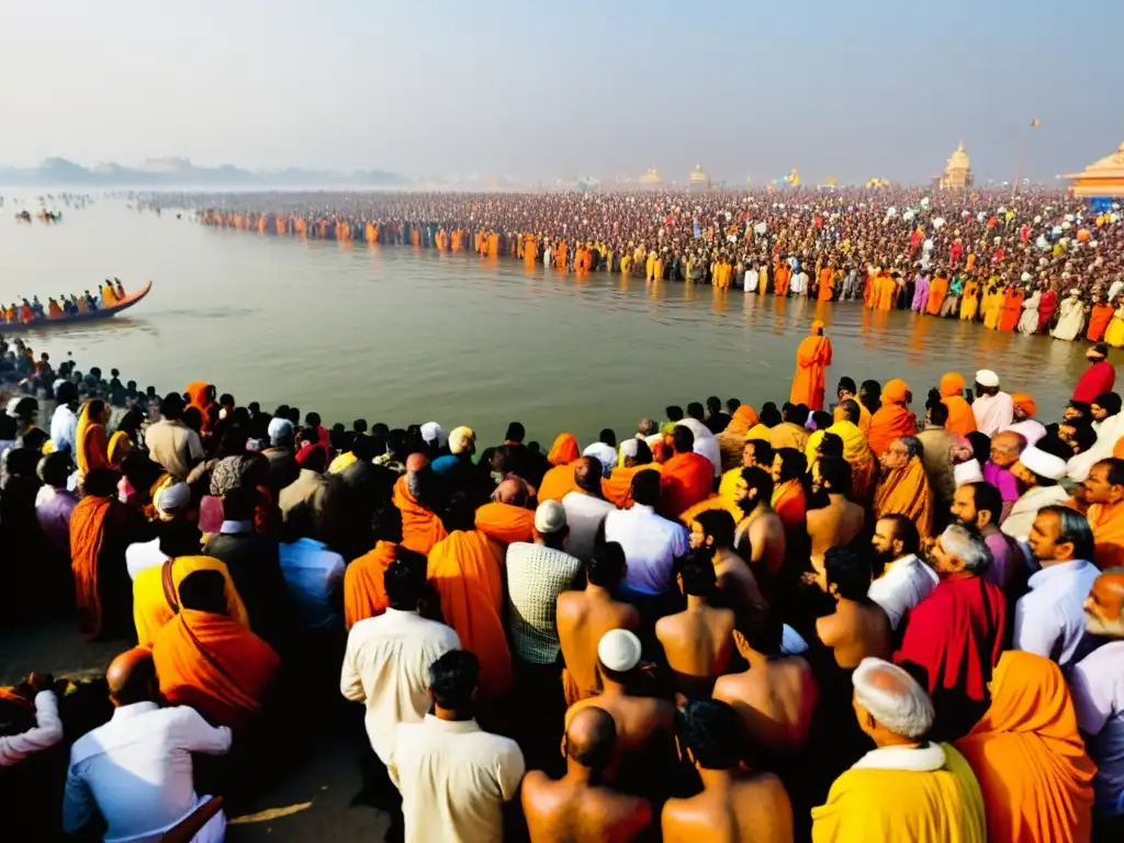 Multitud colorida en el festival Kumbh Mela, Festivales del Hinduismo tradicionales en las orillas del río Ganges