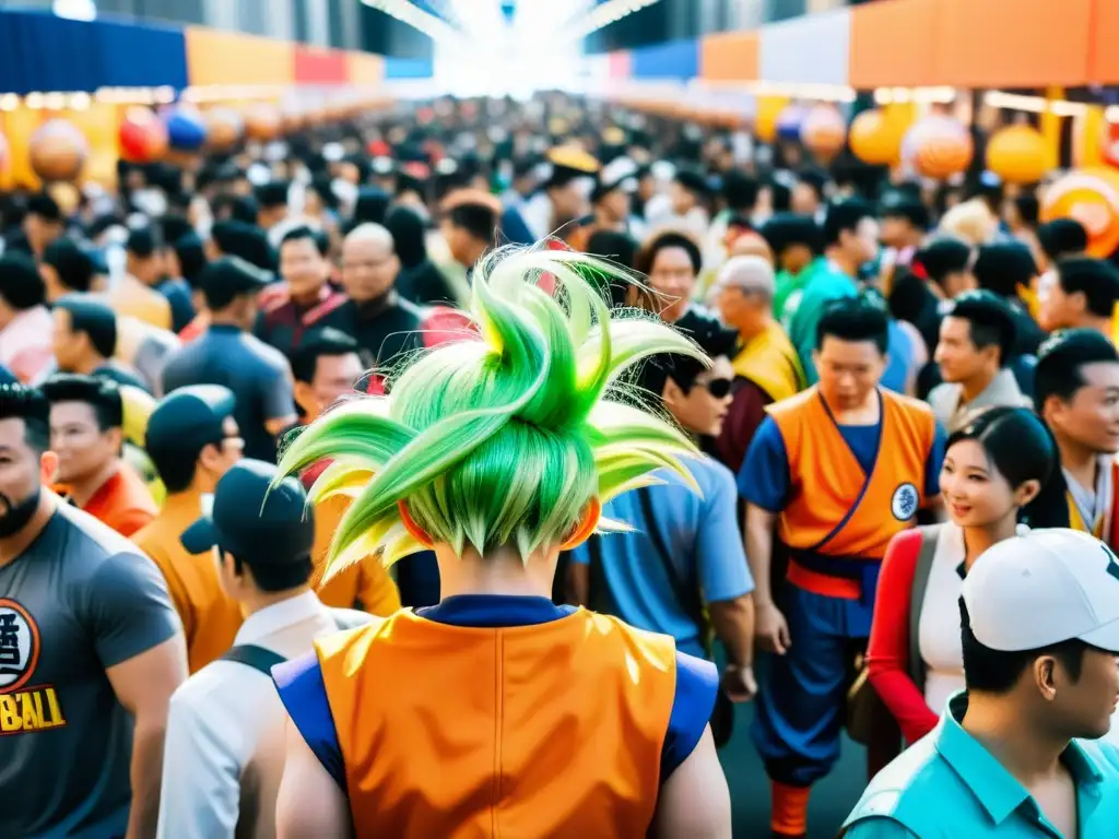 Multitud en convención de cómics en Asia, con cosplayers de Dragon Ball, puestos de mercancía y fans entusiastas