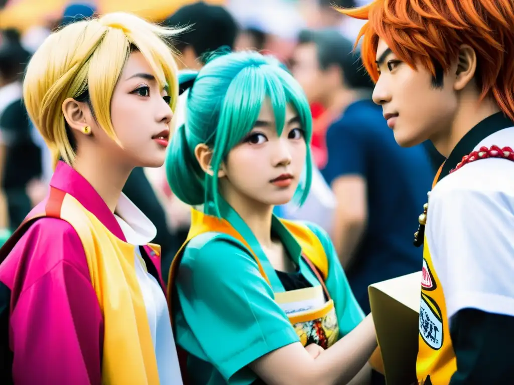 Multitud en convención de manga, con cosplayers de shonen y shojo interactuando con fans