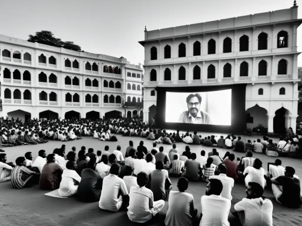 Multitud diversa disfruta de cine independiente al aire libre en la India, expresando libertad y cambio social