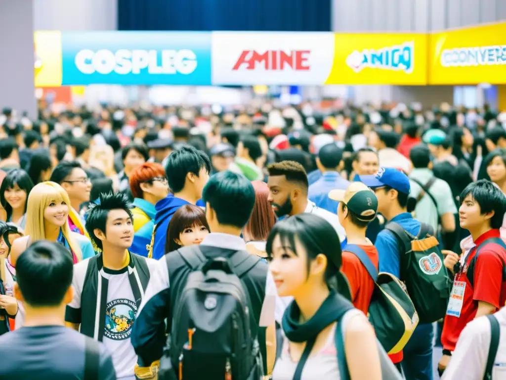 Multitud diversa de cosplayers en convención de anime alrededor del mundo, vibrante y lleno de emoción