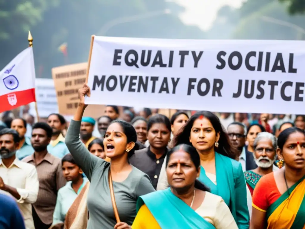 Multitud diversa marcha por la igualdad y justicia de los Pariahs en India, mostrando pasión y determinación en movimientos sociales igualdad India