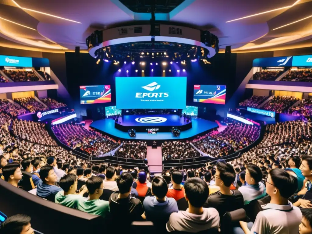 Multitud emocionada en arena de eSports asiáticos, con impacto streaming y equipos profesionales concentrados en el escenario luminoso