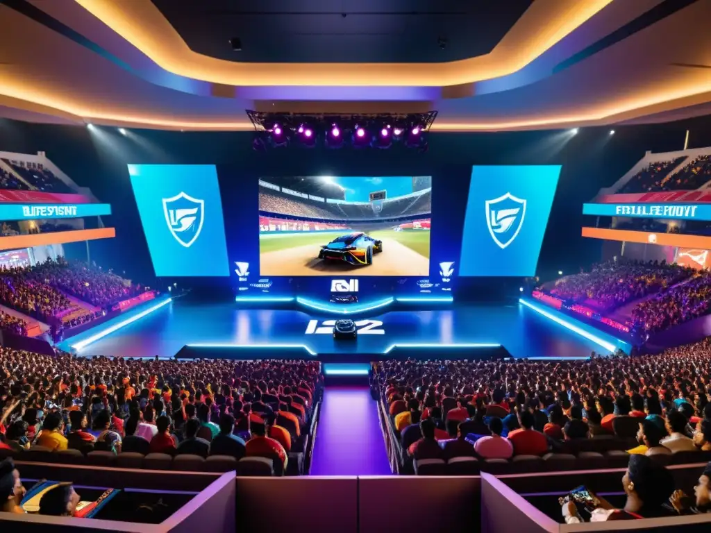 Multitud emocionada en arena de eSports en India, con jugadores compitiendo en escenario iluminado y pantalla gigante, creando atmósfera vibrante