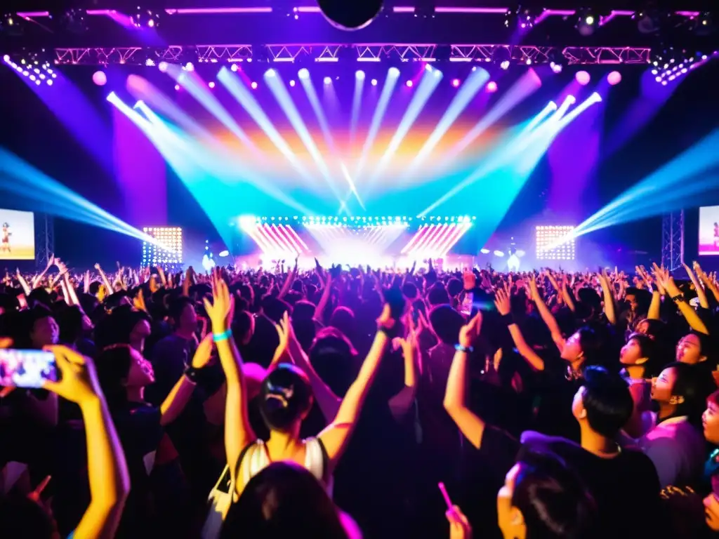 Multitud emocionada agitando bastones luminosos en concierto JPop y KPop, capturando la energía y emoción de la escena musical asiática