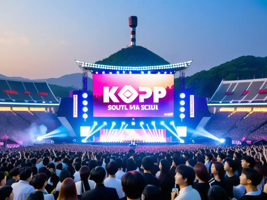 Multitud emocionada en concierto al aire libre en Seúl, con fans apasionados apoyando a su grupo de KPop