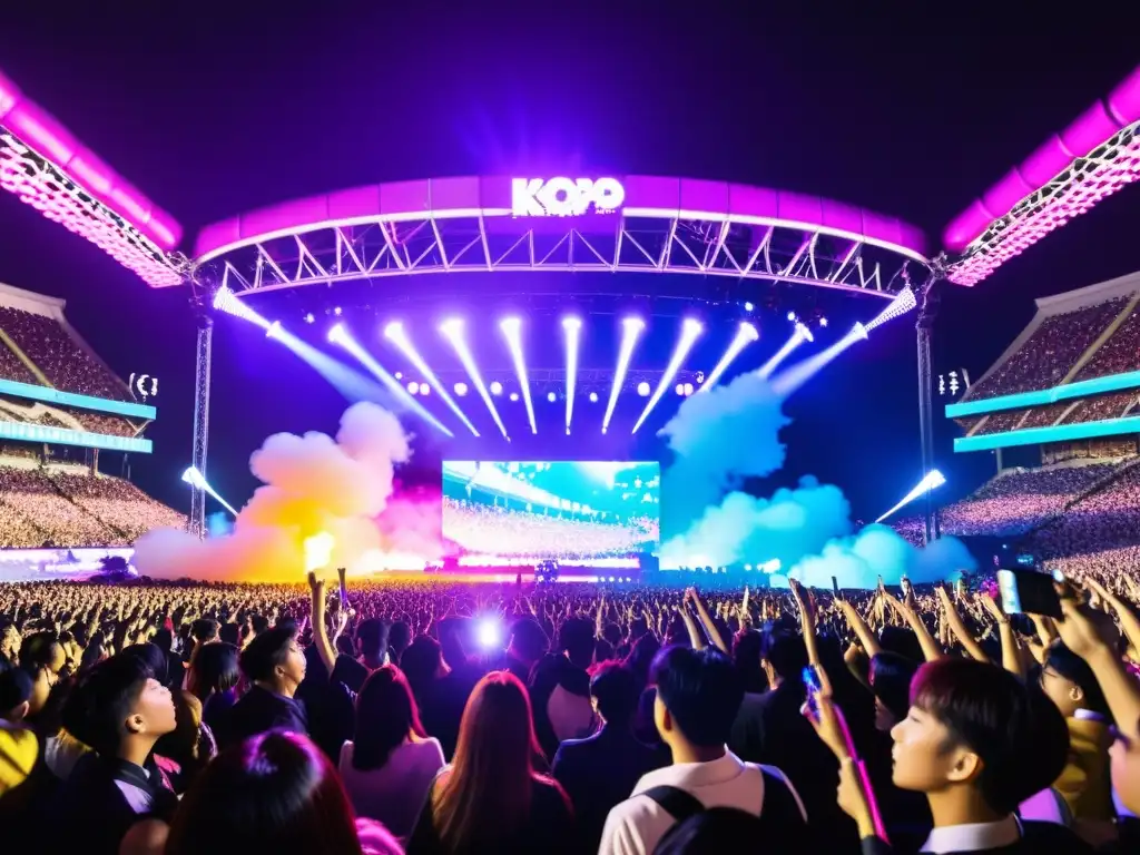 Multitud emocionada en concierto de KPop y JPop, reflejando el éxito digital de estos icónicos grupos musicales