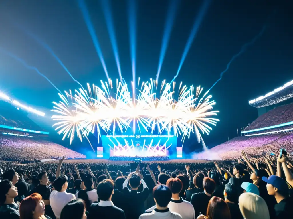 Una multitud emocionada llena un estadio durante un concierto de BTS, irradiando energía y pasión