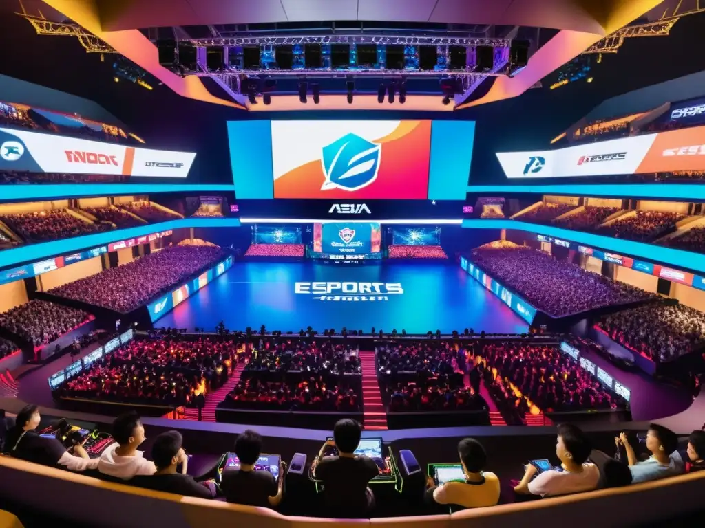Multitud emocionada en un estadio de eSports en Asia, con elementos culturales asiáticos