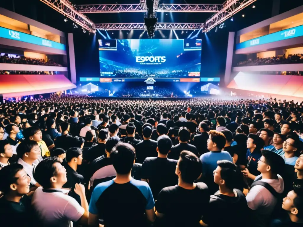 Multitud emocionada en un estadio de eSports asiáticos, reflejando la psicología del espectador en eSports asiáticos