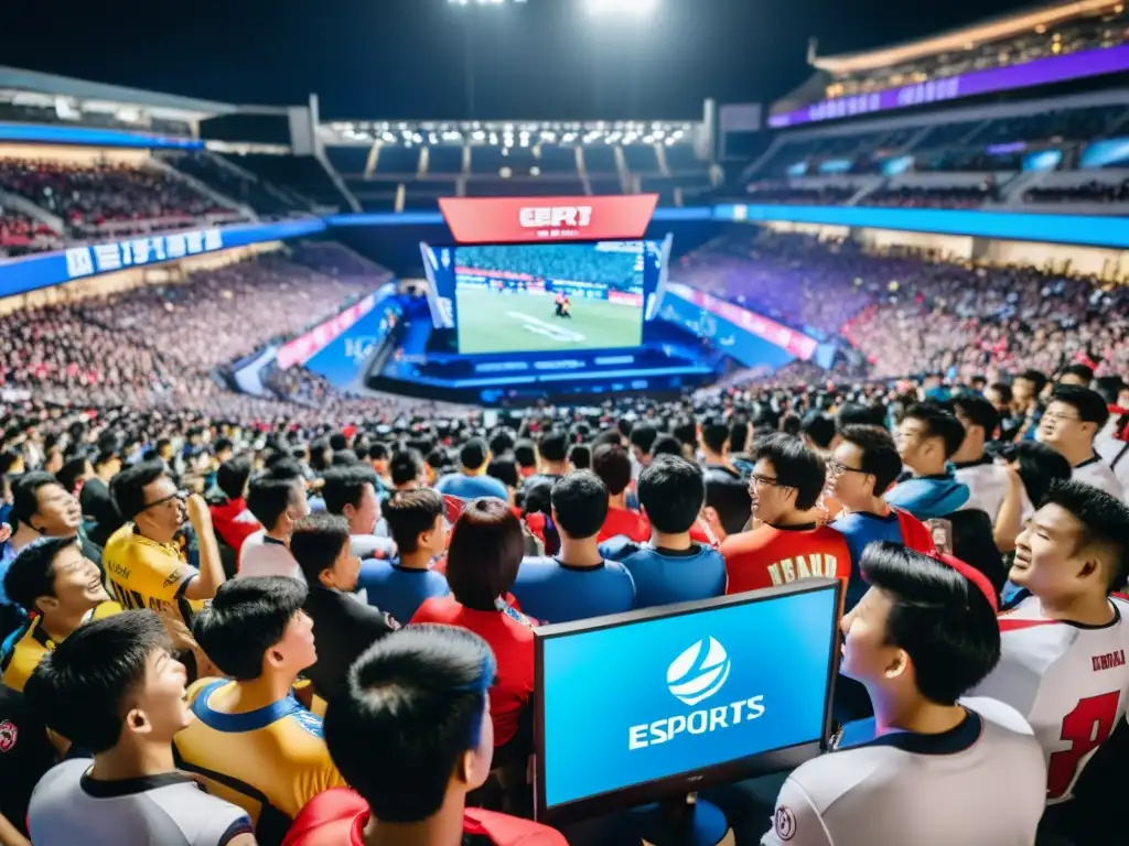 Multitud emocionada en estadio lleno de eSports en Asia, rostros iluminados por las pantallas