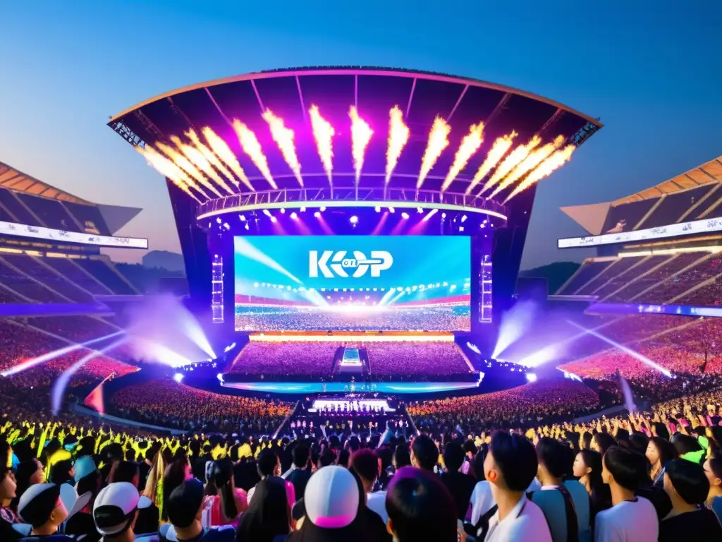 Multitud emocionada con luces de colores disfrutando del concierto de un grupo de KPop en un estadio lleno