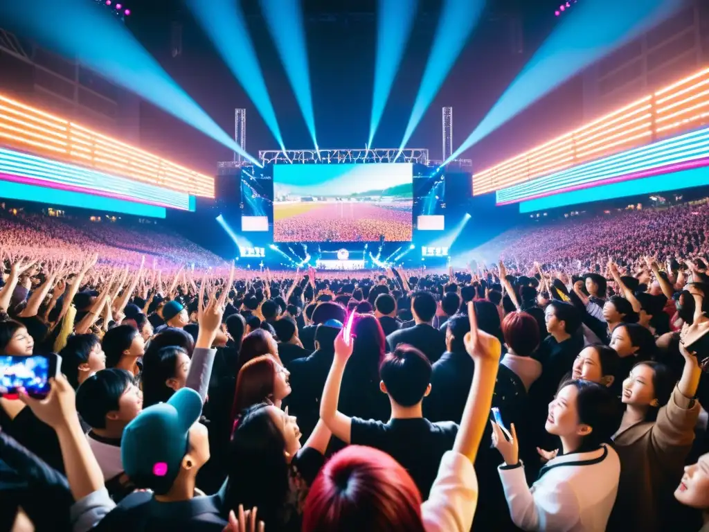 Multitud emocionada con luces de colores en concierto KPop en Seúl, transmitiendo la diplomacia a través del KPop