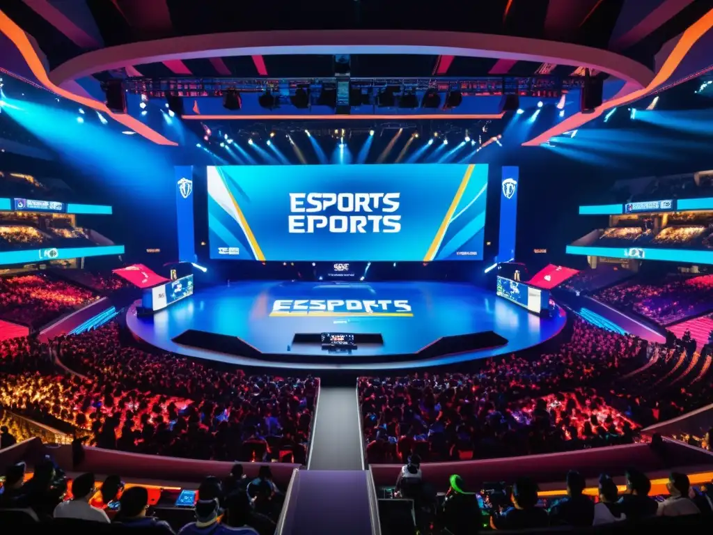 Espectáculo vibrante: Arena llena de fans apasionados en Asia Multitud enérgica en arena de eSports Asia, con pantallas LED coloridas y equipos inmersos en juego competitivo