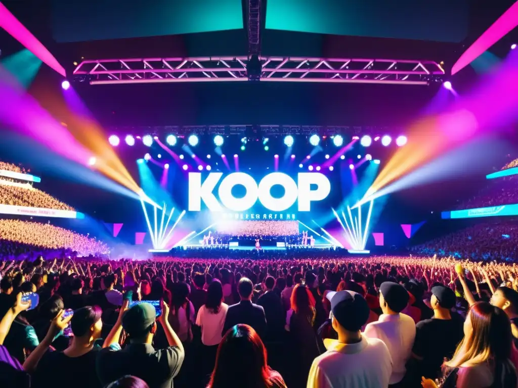 Multitud enérgica disfrutando de concierto de Kpop con luces coloridas y emoción