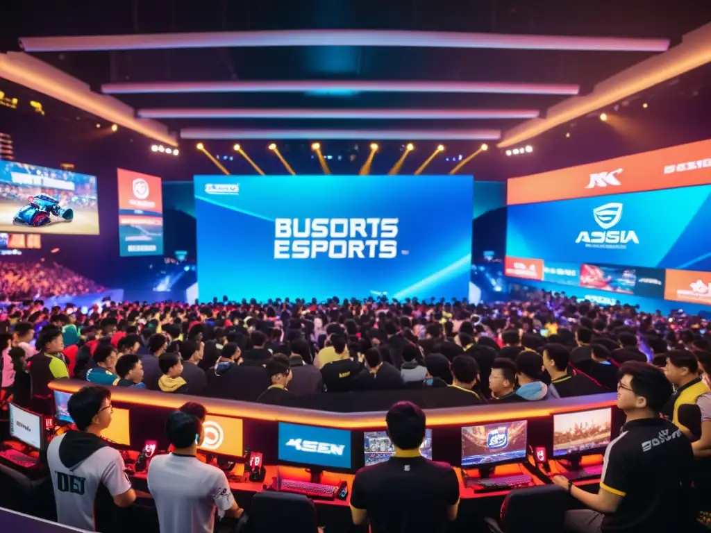 Multitud entusiasta en arena de eSports Asia, vibrante y colorida, reflejando el impacto económico del sector en la región