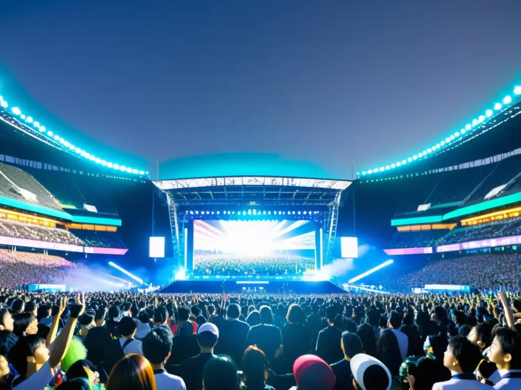 Multitud entusiasta en un estadio japonés, disfrutando de un concierto de JPop con luces vibrantes y visuales de anime