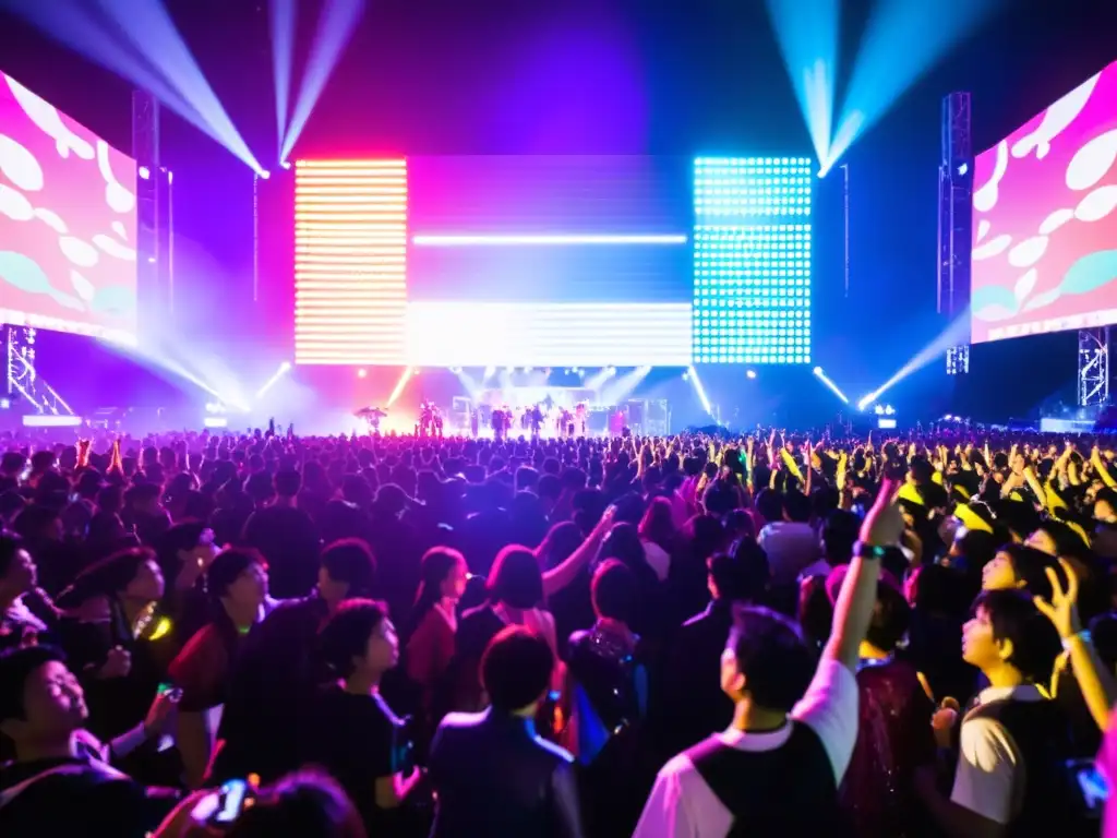 Una multitud entusiasta se reúne frente a un escenario brillantemente iluminado en un concierto de JPop en Tokyo