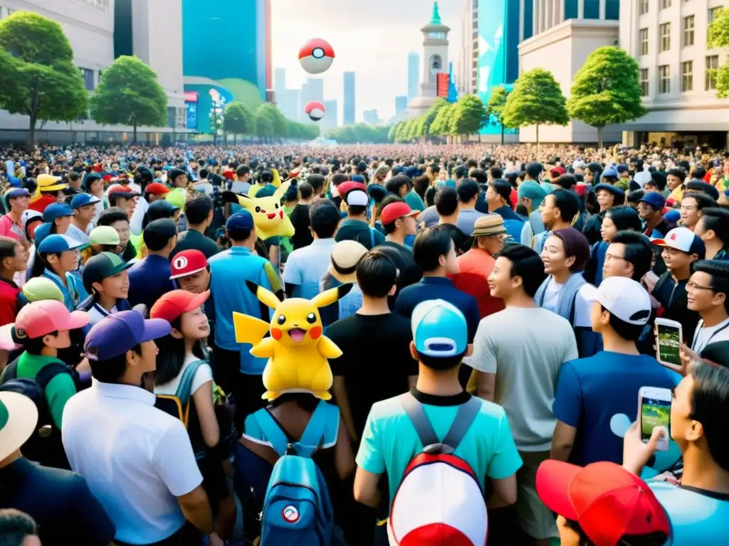 Multitud en evento Pokémon GO en la ciudad, reflejando el impacto mundial y la cultura pop, con diversidad y entusiasmo