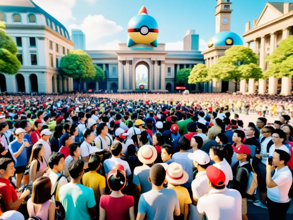 Multitud en evento Pokémon GO en plaza de la ciudad, impacto mundial Pokémon cultura pop