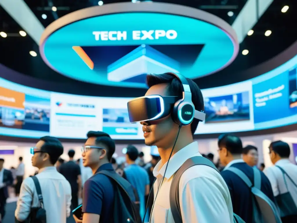 Multitud en expo asiática de tecnología, con AR y hologramas