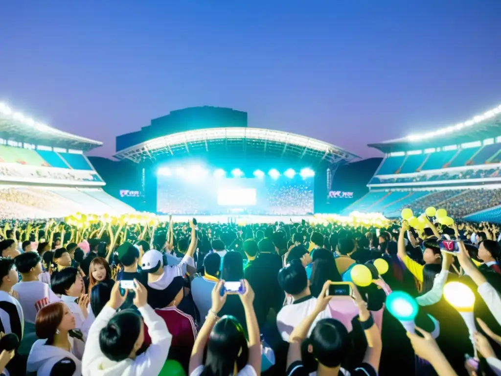 Multitud de fans del KPop con energía vibrante esperando el concierto, reflejando la Psicología del fenómeno KPop