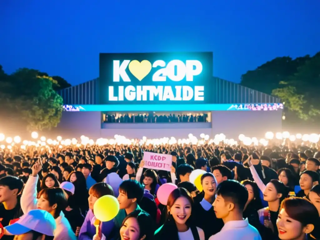 Una multitud de fans del KPop se reúne con entusiasmo fuera de un concierto, ondeando lightsticks y pancartas