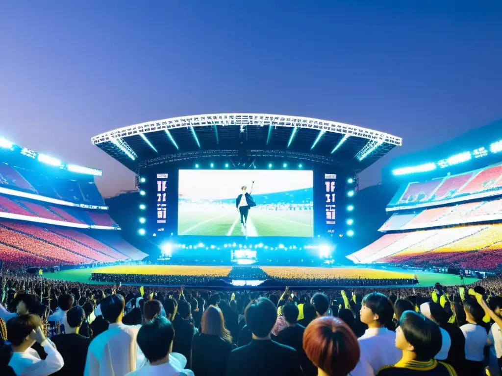 Multitud de fans entusiastas en un estadio con BTS actuando en el escenario y pantallas gigantes