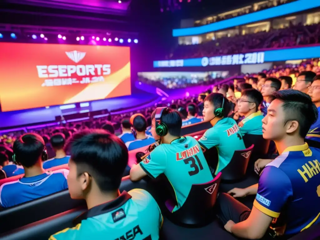 Una multitud de fans en un estadio de eSports asiático muestra intensa concentración y emoción