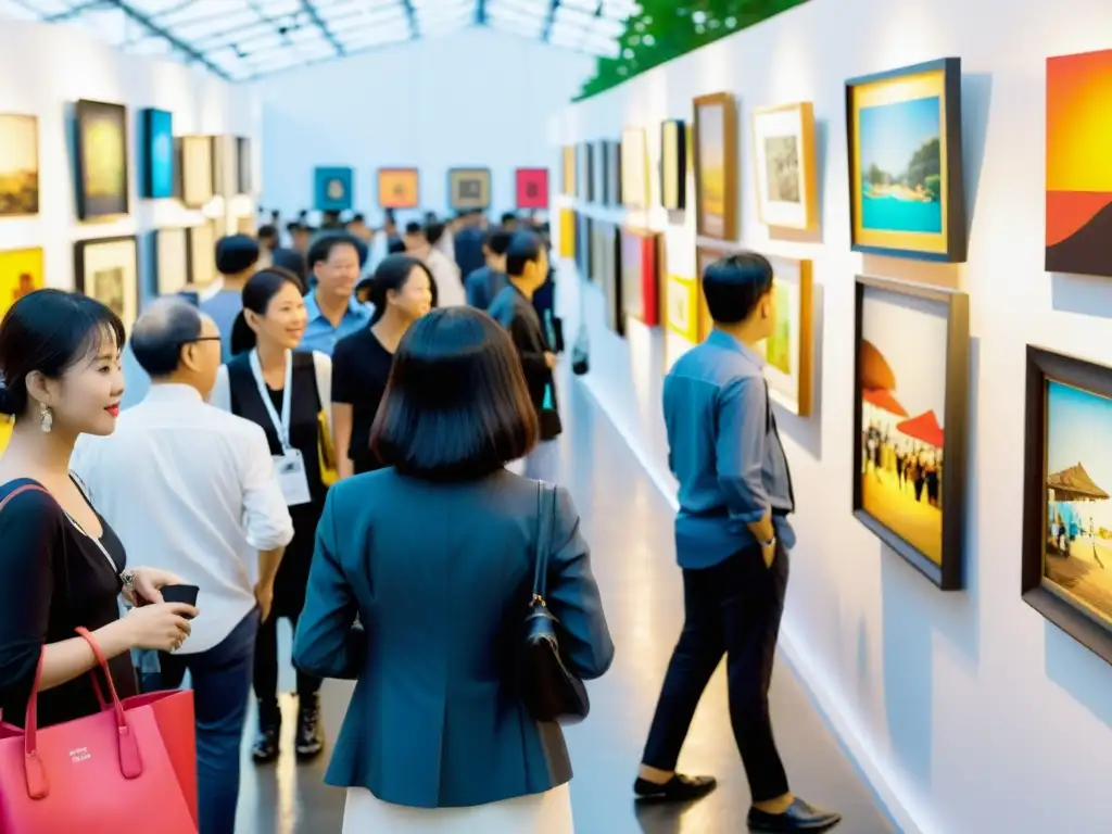 Multitud en feria de arte contemporáneo Asia, con obras vanguardistas y tradicionales que reflejan la vibrante escena artística de la región