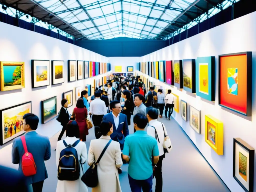 Multitud en feria de arte contemporáneo Asia, con obras vibrantes y visitantes disfrutando de expresiones artísticas diversas