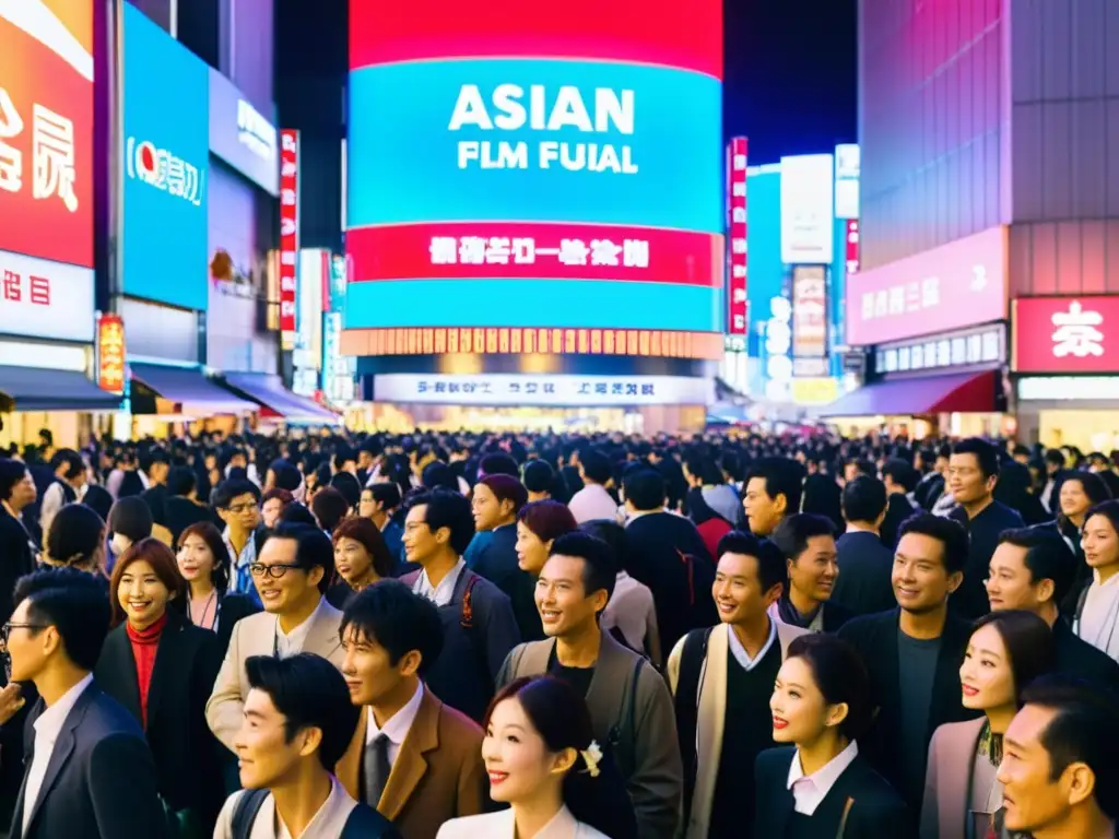 Multitud en Festival de Cine Asiático en Shibuya, con luces de neón y talento contemporáneo en la vibrante escena