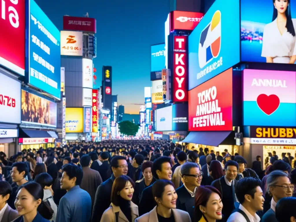 Multitud en Festival de Cine de Tokio, con luces de neón y carteles de películas