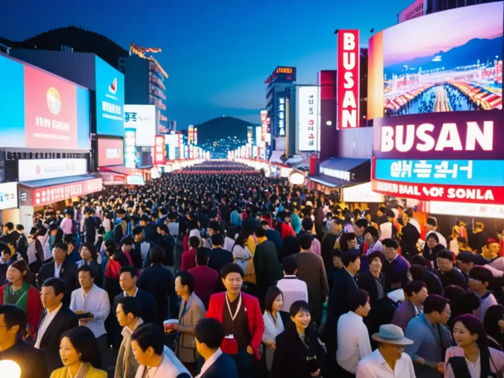 Multitud en festival de películas asiáticas en Busan, con luces de neón y energía vibrante