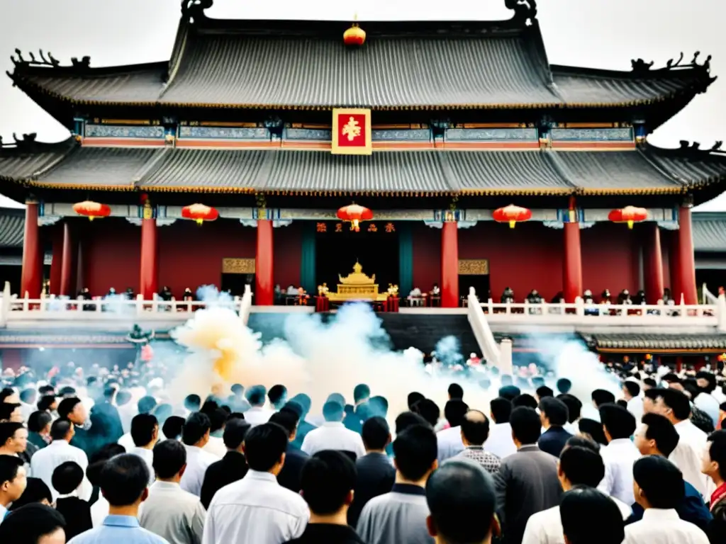 Multitud reuniéndose frente a un templo chino tradicional durante la Rebelión Taiping, con incienso, oraciones y ofrendas