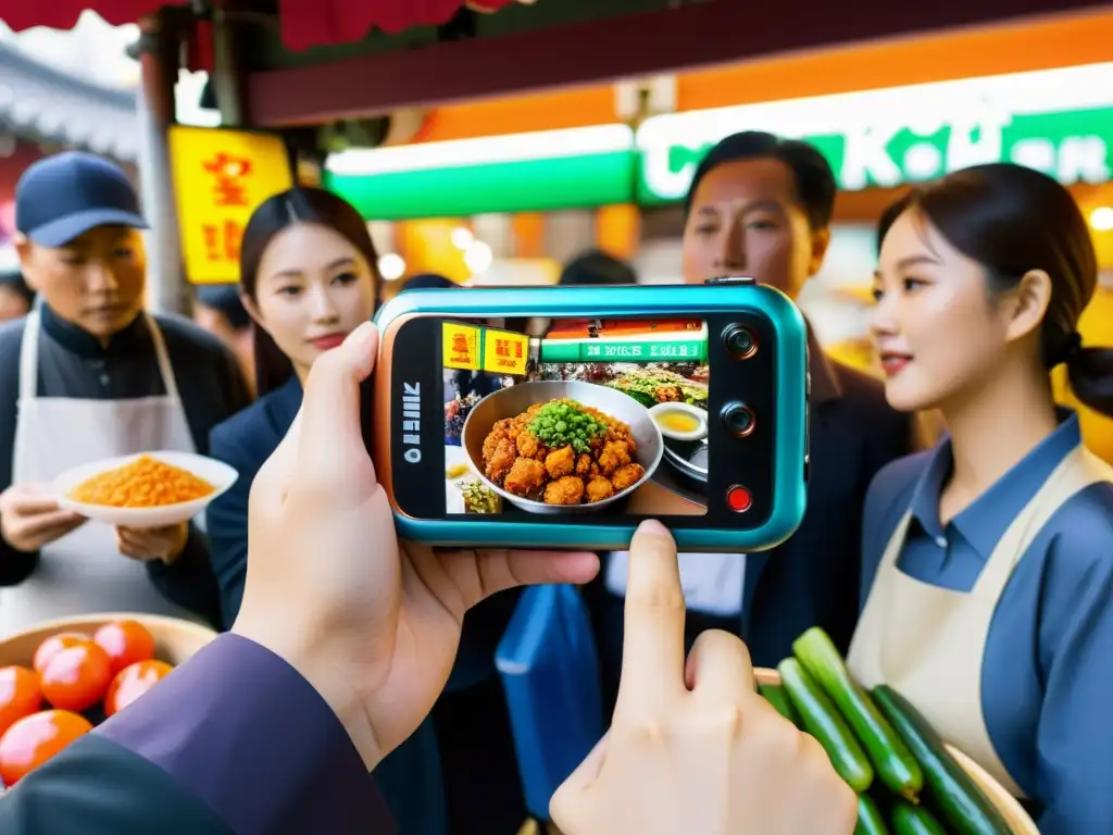 Multitud disfruta de cámara potente en bullicioso mercado de Corea, capturando la intensidad de la preparación de comida callejera tradicional