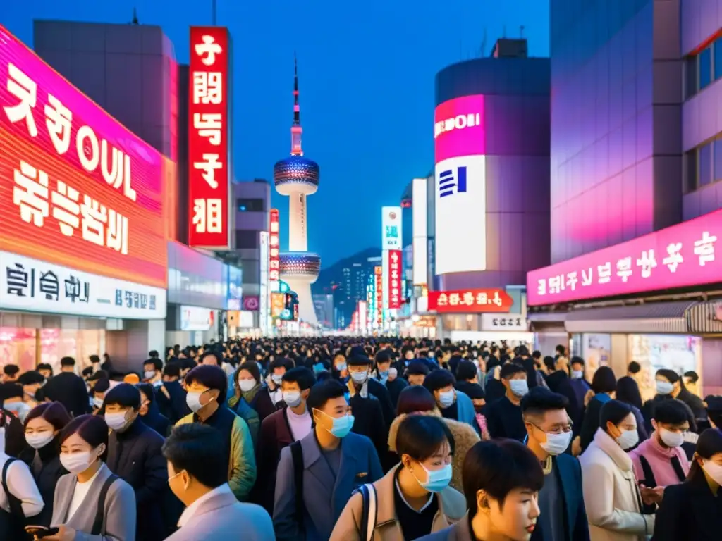 Multitud camina absorta en smartphones en la vibrante calle de Seúl, reflejando la crítica tecnología Corea del Sur