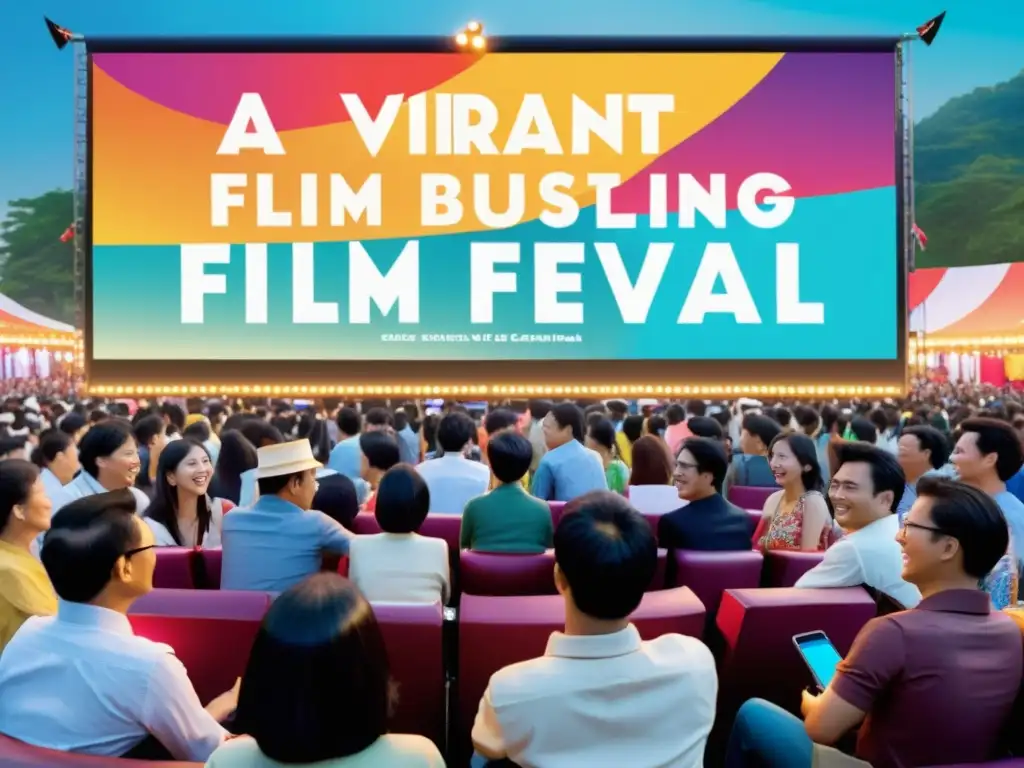 Multitud vibrante y diversa en festival de cine asiático, celebrando la difusión cine asiático festivales internacionales